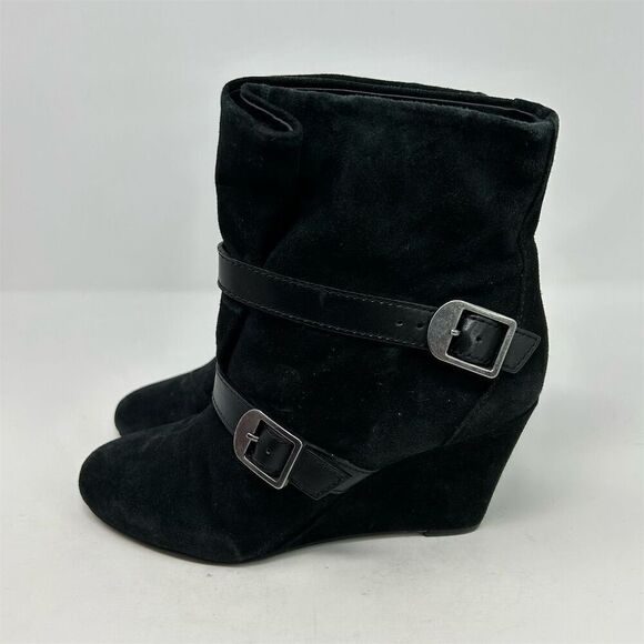 Via Spiga Women's Black Leather Suede Wedge Ankle Boots Size 7.5 Casual Buckles - Picture 6 of 11